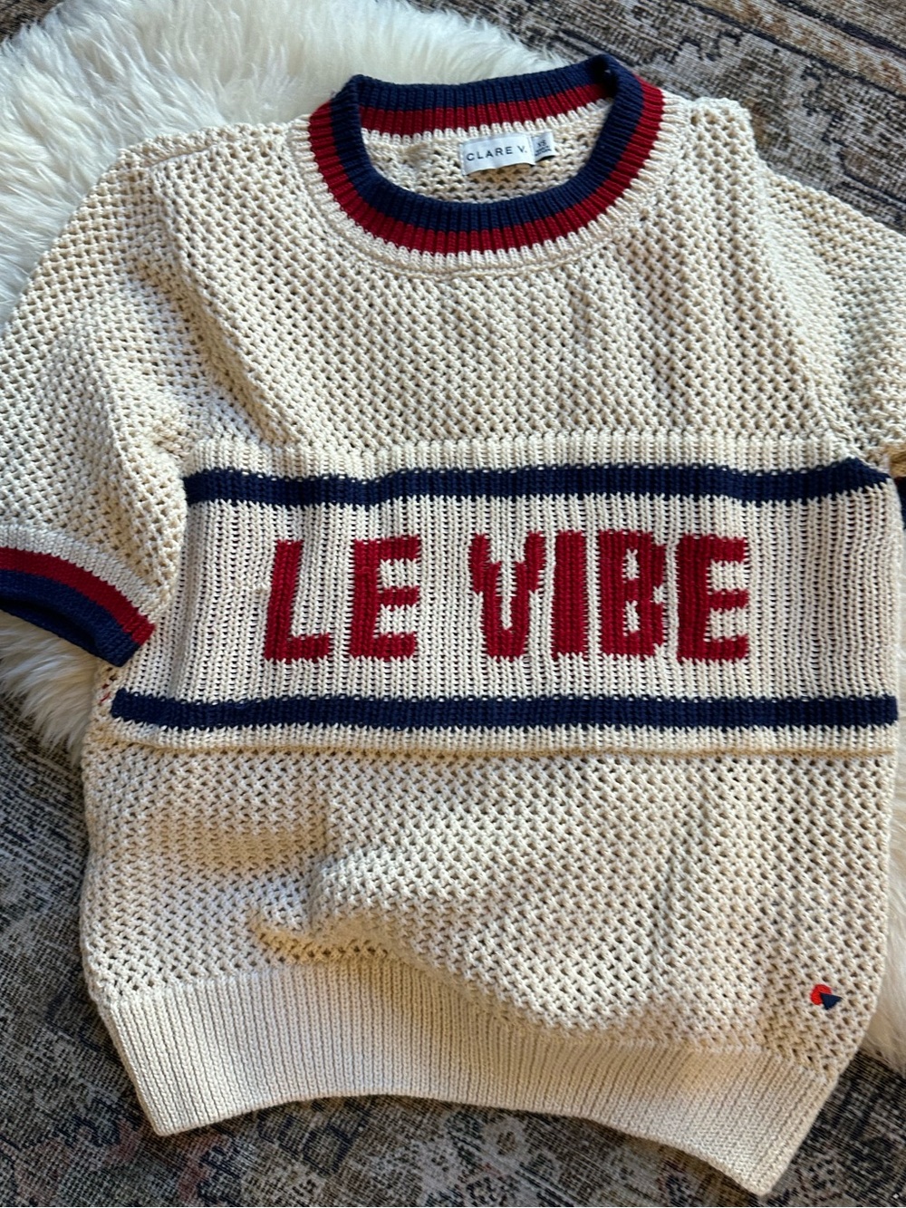 Clare V Cream Open-Knit Crewneck Sweater with Red & Navy Accents